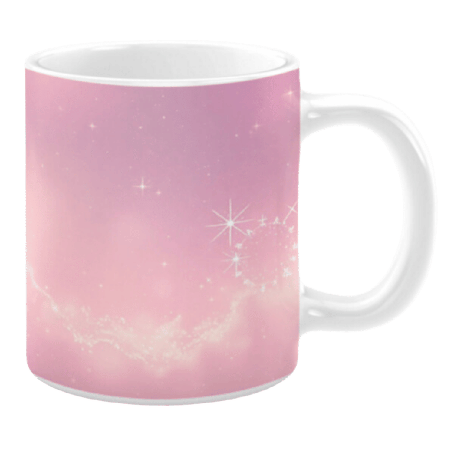 White ceramic 11oz mug with a soft pink gradient design. The surface features sparkling stars, faint nebula-like swirls, and delicate glowing details resembling magical dust.