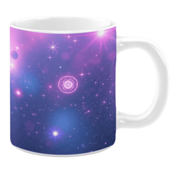 White ceramic 11oz mug with a cosmic design featuring a gradient of pink and purple tones. The image includes glowing stars, nebula-like textures, and a circular glowing element resembling an energy core.