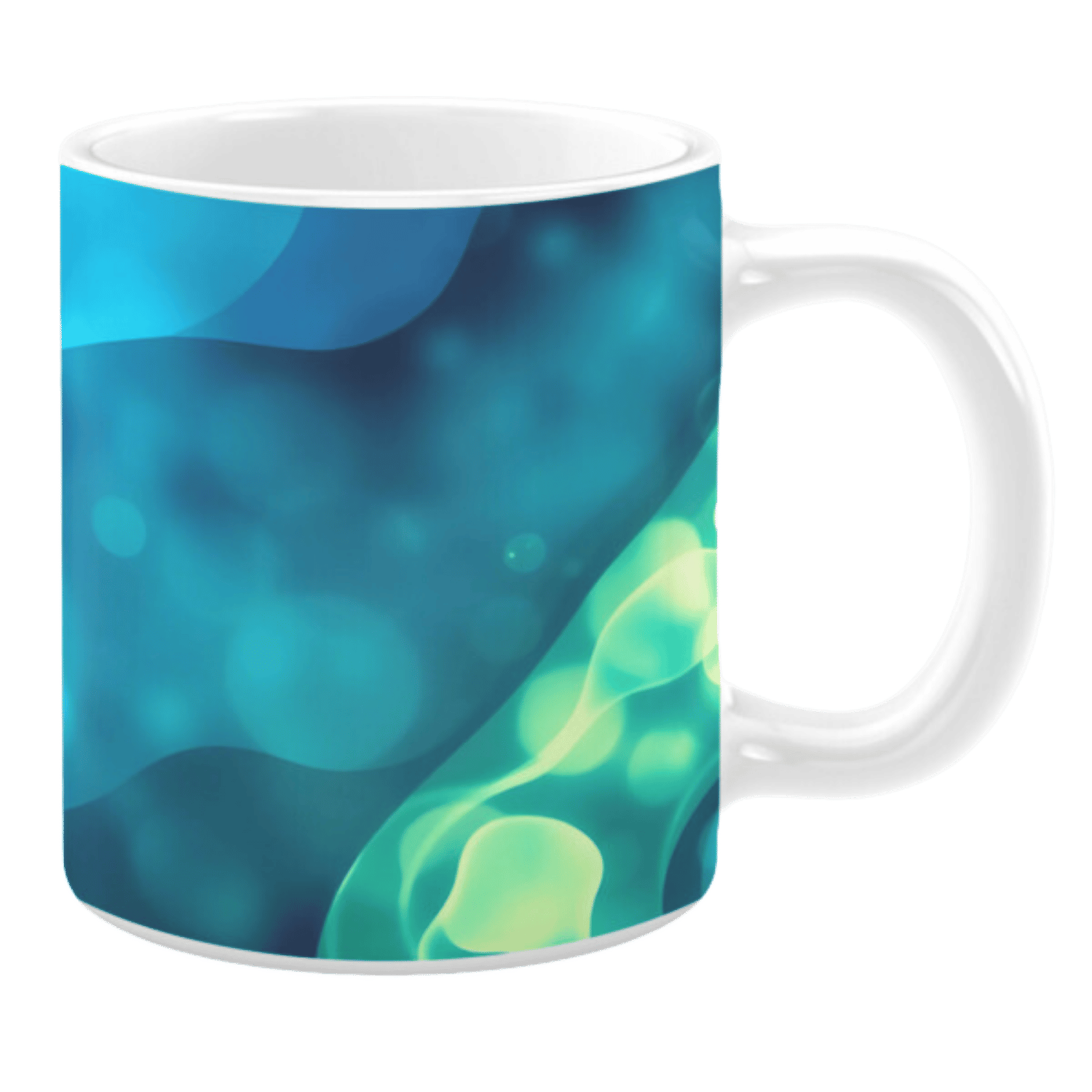 Ceramic mug displaying an abstract aquatic-inspired design in shades of teal, blue, and green. The pattern features flowing gradients and soft, glowing bubbles that create a sense of underwater movement.