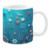 Underwater-themed ceramic mug featuring an ocean-inspired design with illustrations of fish, coral, starfish, and other marine elements. The pattern includes hues of blue, orange, and pink, creating a detailed depiction of marine ecosystems.