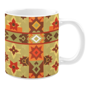 This ceramic mug showcases a rich palette of earthy tones, featuring geometric patterns in shades of orange, red, and brown. Accented with a central band of intricate designs, the layout balances symmetry with bold shapes, making it a unique addition to any collection.