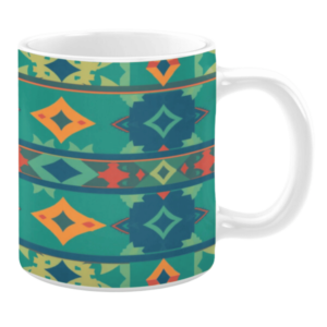 Ceramic mug featuring a geometric pattern of diamonds and bold shapes in vibrant shades of teal, orange, and navy. Horizontal bands add symmetry to the dynamic design.