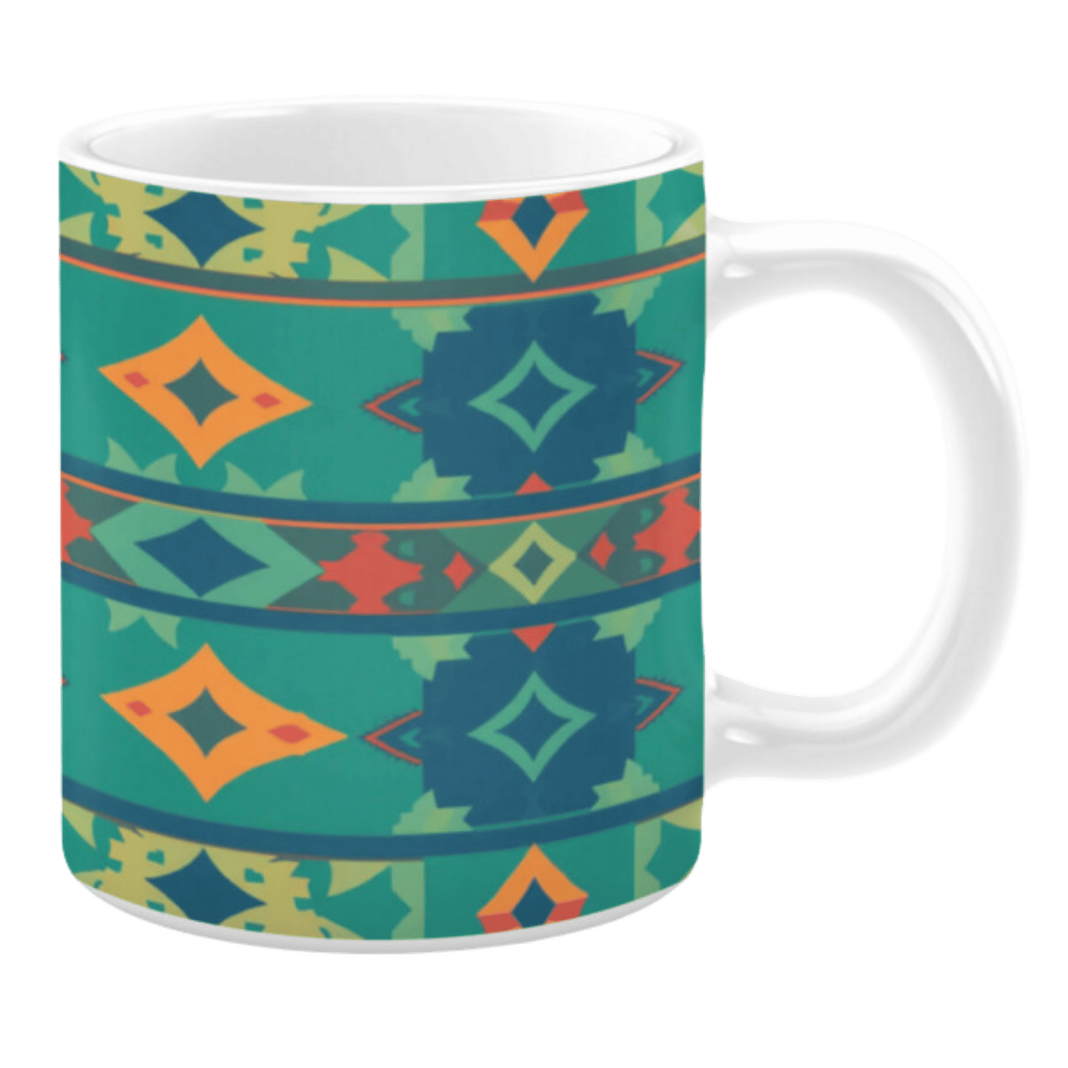 Ceramic mug featuring a geometric pattern of diamonds and bold shapes in vibrant shades of teal, orange, and navy. Horizontal bands add symmetry to the dynamic design.