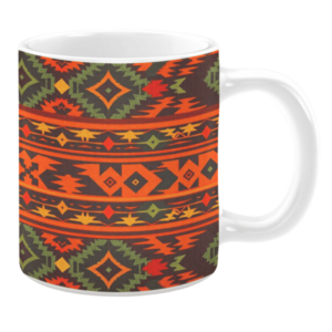 Ceramic mug featuring a bold geometric pattern with horizontal stripes in orange, green, and yellow on a dark brown background, accented by diamond and zigzag motifs.