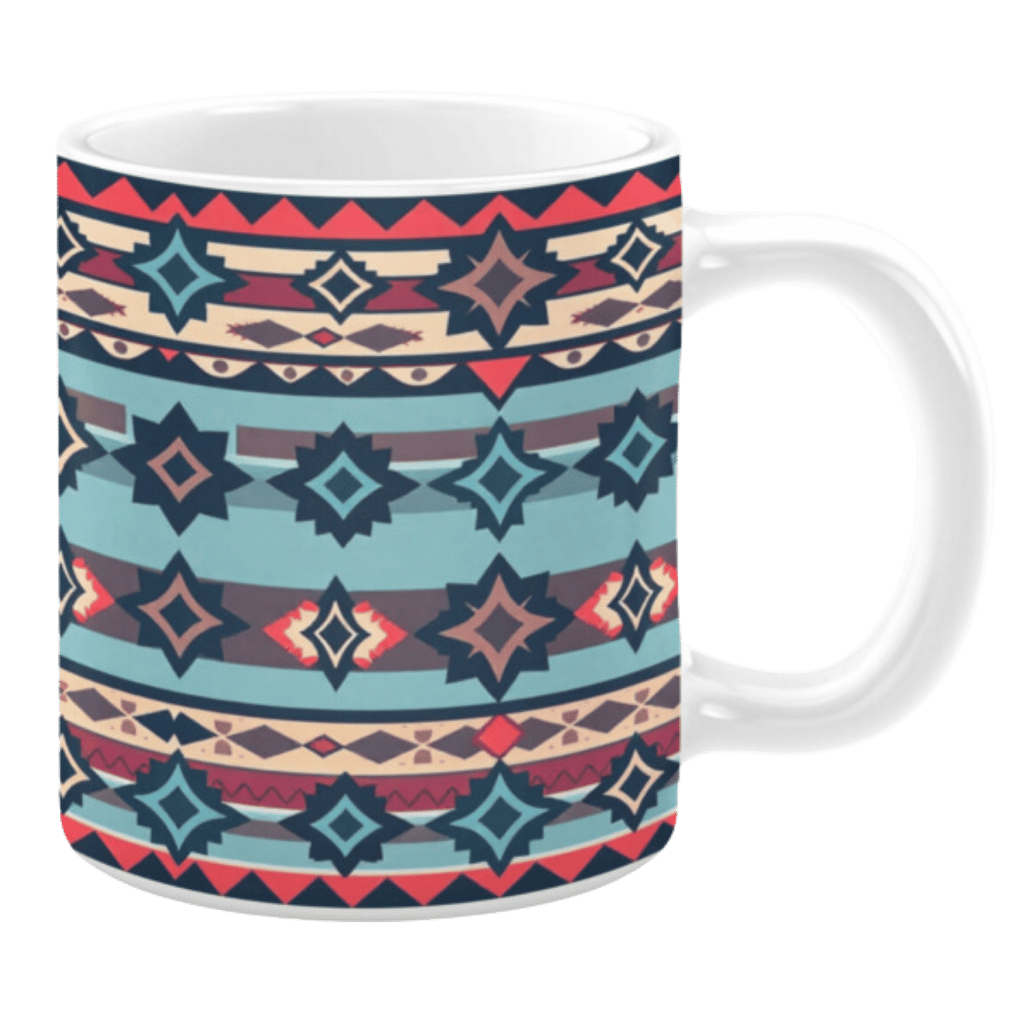 Ceramic mug featuring a horizontal pattern of geometric motifs in shades of blue, navy, red, and beige, with repeating diamond and triangle shapes.