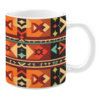 Ceramic mug featuring vibrant horizontal patterns in orange, red, black, and green, with geometric shapes, diamond motifs, and abstract designs.