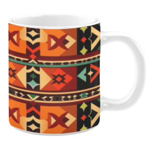Ceramic mug featuring vibrant horizontal patterns in orange, red, black, and green, with geometric shapes, diamond motifs, and abstract designs.
