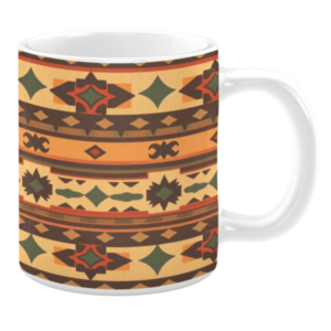 Ceramic mug featuring a warm-toned design with horizontal patterns in orange, brown, and green, incorporating geometric shapes, diamonds, and star-like motifs.