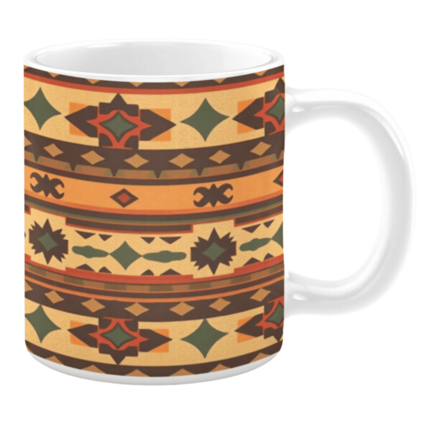 Ceramic mug featuring a warm-toned design with horizontal patterns in orange, brown, and green, incorporating geometric shapes, diamonds, and star-like motifs.