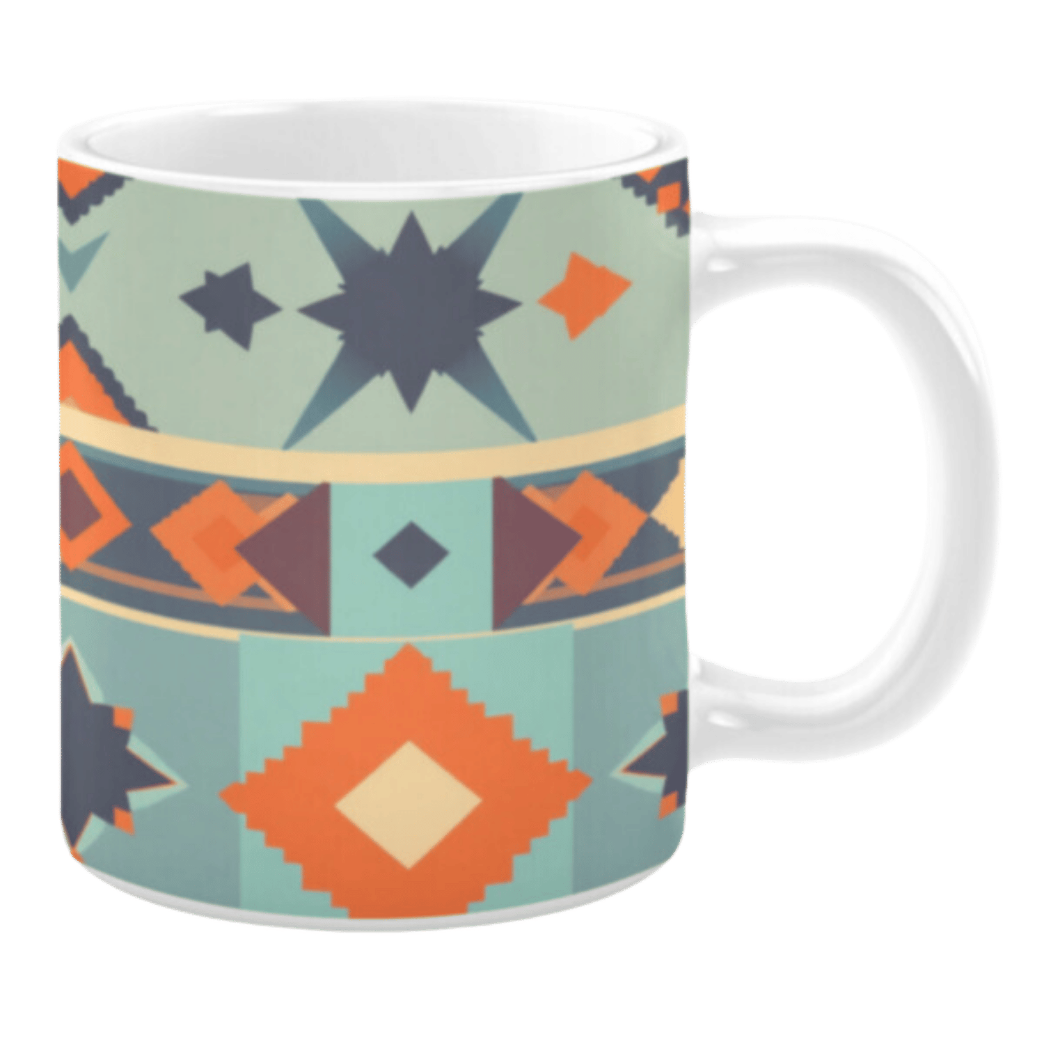 Ceramic mug featuring geometric patterns in light blue, orange, and navy blue, with starburst shapes, diamonds, and horizontal stripe accents.