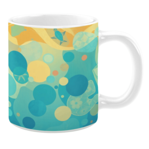 White ceramic mug featuring a serene underwater-inspired design with overlapping circles in shades of blue, green, and yellow, accented by subtle sea creatures like a turtle and delicate floral patterns, creating a dreamy and tranquil aesthetic.