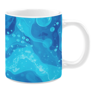 White ceramic mug featuring a dynamic abstract design of swirling blue tones resembling water currents, accented by scattered bubbles, creating a refreshing and fluid aesthetic.