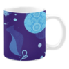 Ceramic mug showcasing a celestial-inspired design with intricate mandala-like patterns in varying shades of blue on a deep purple background. Circular motifs and fluid shapes create a dreamlike composition, giving the impression of floating orbs and delicate details. The high-contrast colors emphasize the intricate artwork, adding depth and dimension.