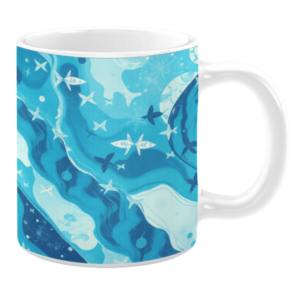 Ceramic mug displaying an aquatic-themed design in varying shades of blue. The artwork features swirling water patterns, floating starfish, and fish silhouettes. Light and dark tones create depth, while the dynamic composition evokes movement within an underwater environment.