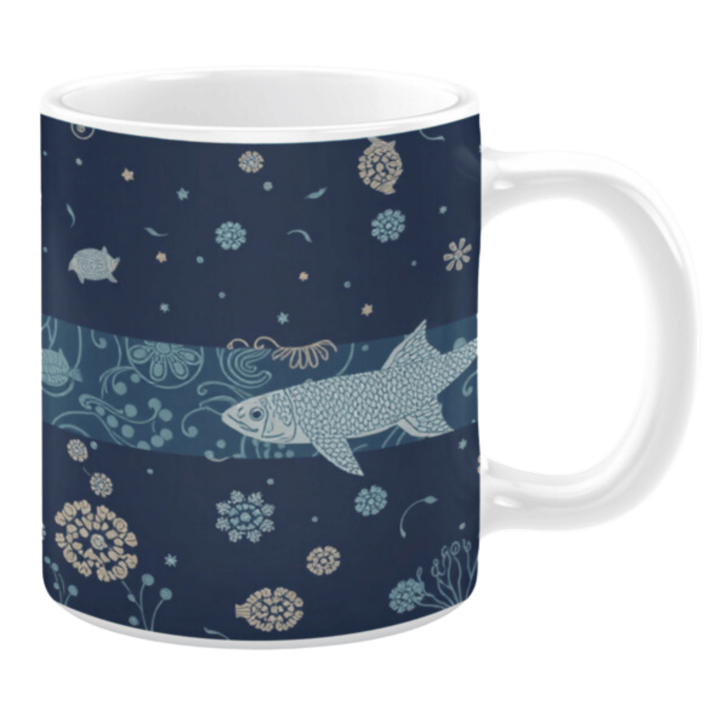 Ceramic mug featuring a deep navy backdrop adorned with intricate marine-themed illustrations. The design showcases a central fish motif surrounded by delicate floral patterns, coral shapes, and aquatic elements in light beige and blue tones.