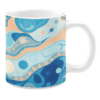 Ceramic mug featuring a layered abstract design with flowing patterns in shades of blue and soft beige. The composition includes subtle celestial motifs, wavy lines, and organic accents, evoking a serene aquatic or cosmic vibe.