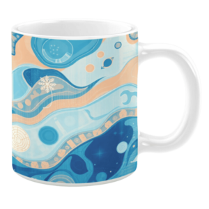 Ceramic mug featuring a layered abstract design with flowing patterns in shades of blue and soft beige. The composition includes subtle celestial motifs, wavy lines, and organic accents, evoking a serene aquatic or cosmic vibe.