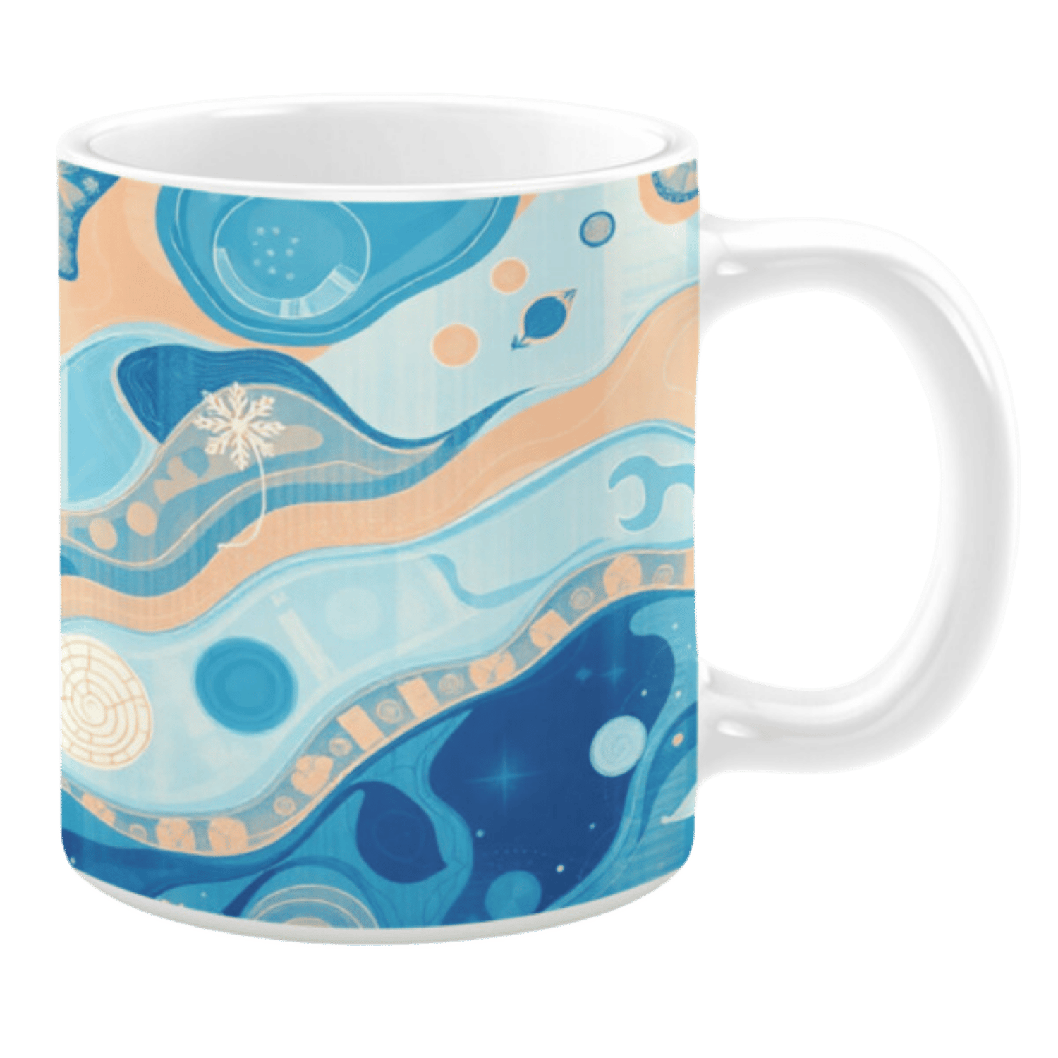 Ceramic mug featuring a layered abstract design with flowing patterns in shades of blue and soft beige. The composition includes subtle celestial motifs, wavy lines, and organic accents, evoking a serene aquatic or cosmic vibe.