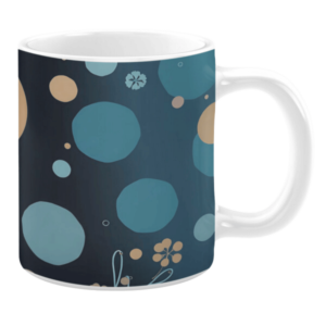 Ceramic mug with a minimalist design featuring scattered circles in muted tones of teal, blue, and beige. The dark background enhances the contrast, while subtle floral details and delicate line accents add a touch of organic elegance to the composition.