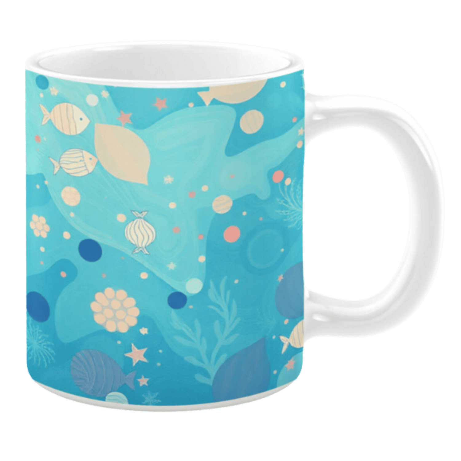 Ceramic mug featuring an underwater-themed design in soft pastel tones. The artwork includes light beige and striped fish, coral-like plants, and abstract bubble patterns, set against a serene turquoise background. Accents of orange and navy enhance the aquatic ambiance, while delicate star and shell motifs complete the marine composition.