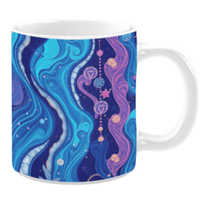 Ceramic mug showcasing a celestial-themed design with flowing blue and purple waves against a deep navy background. The artwork includes detailed planetary and star motifs connected by dotted patterns, resembling a cosmic string. Elements of gold and pastel pink add contrast, while the swirling textures create a dreamy and ethereal ambiance.