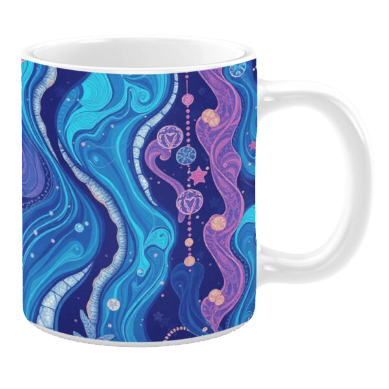 Ceramic mug showcasing a celestial-themed design with flowing blue and purple waves against a deep navy background. The artwork includes detailed planetary and star motifs connected by dotted patterns, resembling a cosmic string. Elements of gold and pastel pink add contrast, while the swirling textures create a dreamy and ethereal ambiance.