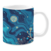 Ceramic mug featuring an abstract underwater design with flowing waves of deep blue and teal. The artwork incorporates delicate coral shapes, bubble-like patterns, and intricate floral elements in soft pastel tones. The dynamic swirls and textures create a sense of movement, evoking an oceanic atmosphere.