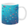 Ceramic mug showcasing a vibrant underwater scene with various fish, coral, and sea elements. The design features a gradient blue background, highlighted with colorful fish in shades of red, orange, and blue, along with intricate coral and bubble accents. Subtle details, like the sun rays filtering through the water, create depth and texture.