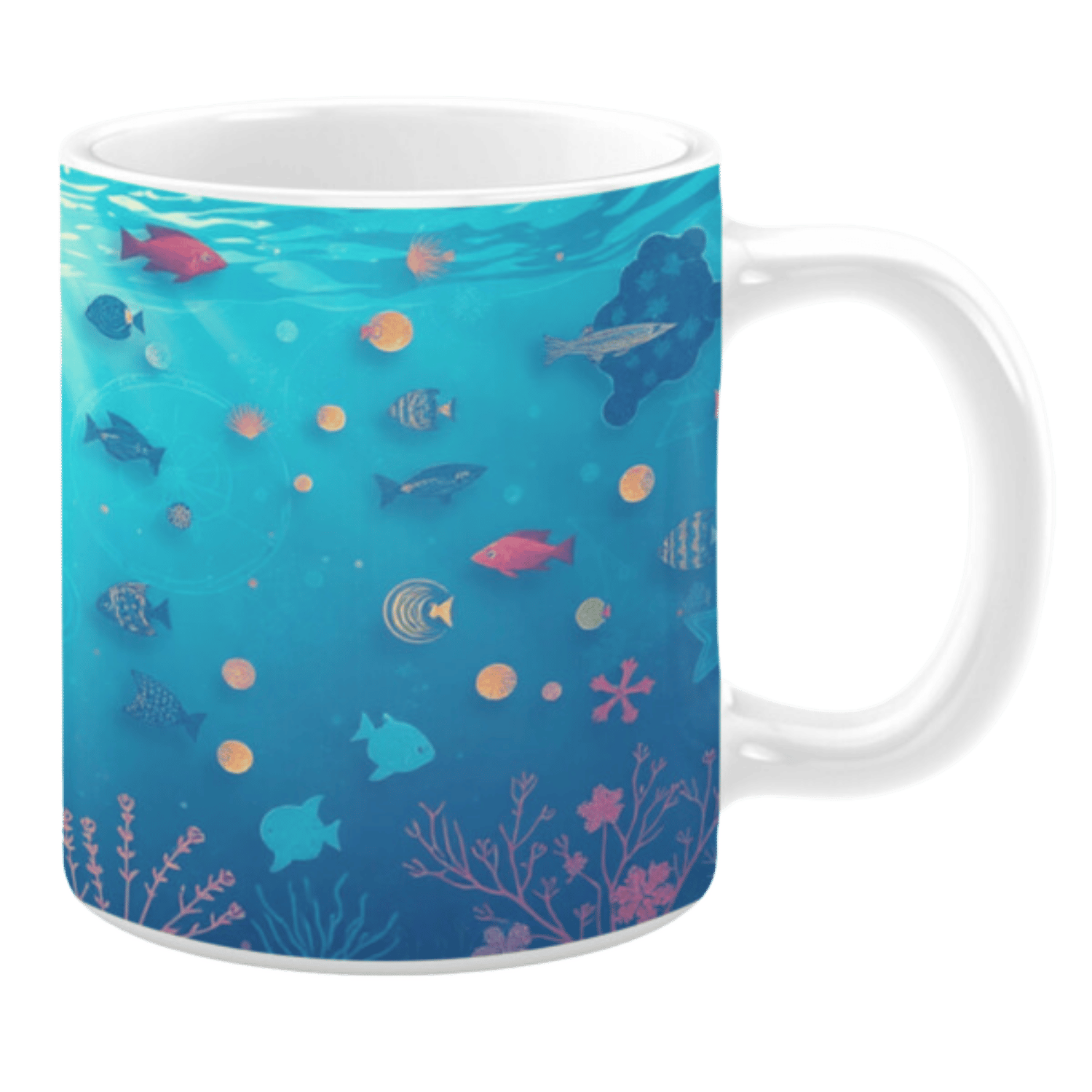 Ceramic mug showcasing a vibrant underwater scene with various fish, coral, and sea elements. The design features a gradient blue background, highlighted with colorful fish in shades of red, orange, and blue, along with intricate coral and bubble accents. Subtle details, like the sun rays filtering through the water, create depth and texture.