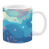 Ceramic mug featuring an abstract underwater-inspired design with layered blue and teal shapes. Subtle pink and purple accents, along with scattered bubbles, create a serene and flowing aquatic scene. Minimalist elements such as delicate coral outlines add detail to the composition.