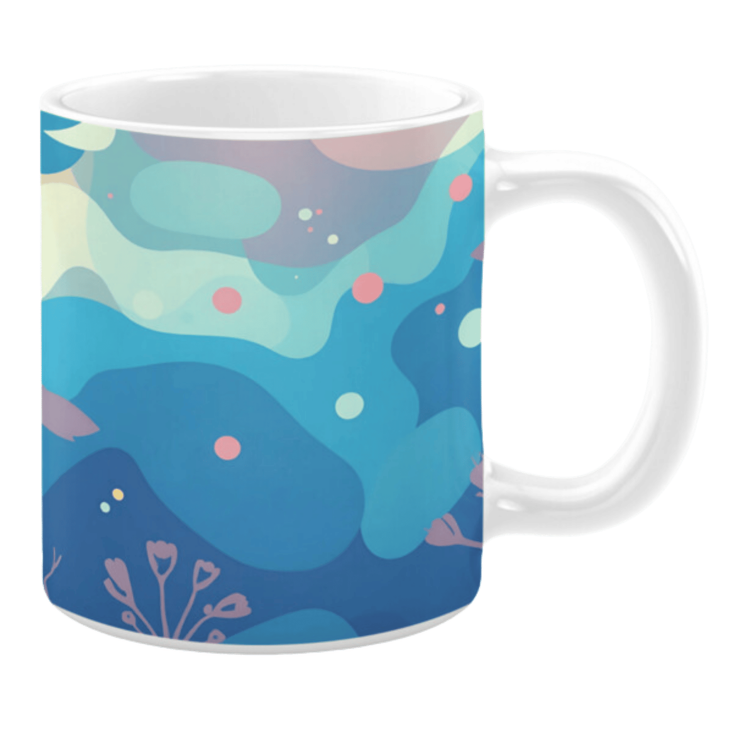 Ceramic mug featuring an abstract underwater-inspired design with layered blue and teal shapes. Subtle pink and purple accents, along with scattered bubbles, create a serene and flowing aquatic scene. Minimalist elements such as delicate coral outlines add detail to the composition.