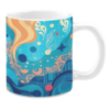 Ceramic mug showcasing an intricate underwater-themed illustration. The design incorporates flowing lines, abstract coral shapes, and starfish against a vivid blue and orange background. Detailed patterns and circular accents add depth and movement to the aquatic-inspired artwork.