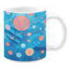 Ceramic mug featuring a whimsical underwater-inspired design. The illustration includes flowing lines, circular shapes, star motifs, and elements resembling fish and sea flora in soft blues, coral pinks, and orange tones. The artwork evokes a dreamy and playful aquatic scene.