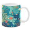 Ceramic mug with an underwater-themed illustration featuring vibrant coral, fish, and abstract aquatic shapes in shades of teal, orange, and yellow. The design includes flowing patterns and fine details that evoke a serene oceanic atmosphere.