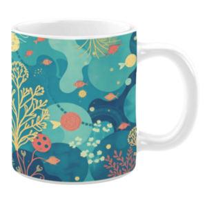 Ceramic mug with an underwater-themed illustration featuring vibrant coral, fish, and abstract aquatic shapes in shades of teal, orange, and yellow. The design includes flowing patterns and fine details that evoke a serene oceanic atmosphere.