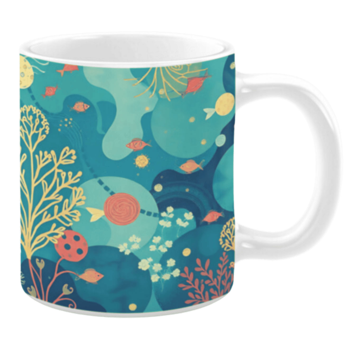 Ceramic mug with an underwater-themed illustration featuring vibrant coral, fish, and abstract aquatic shapes in shades of teal, orange, and yellow. The design includes flowing patterns and fine details that evoke a serene oceanic atmosphere.