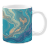Ceramic mug showcasing a fluid art design with swirling patterns in shades of blue, teal, and beige. The flowing lines and subtle bubble-like shapes create an organic and dynamic effect.