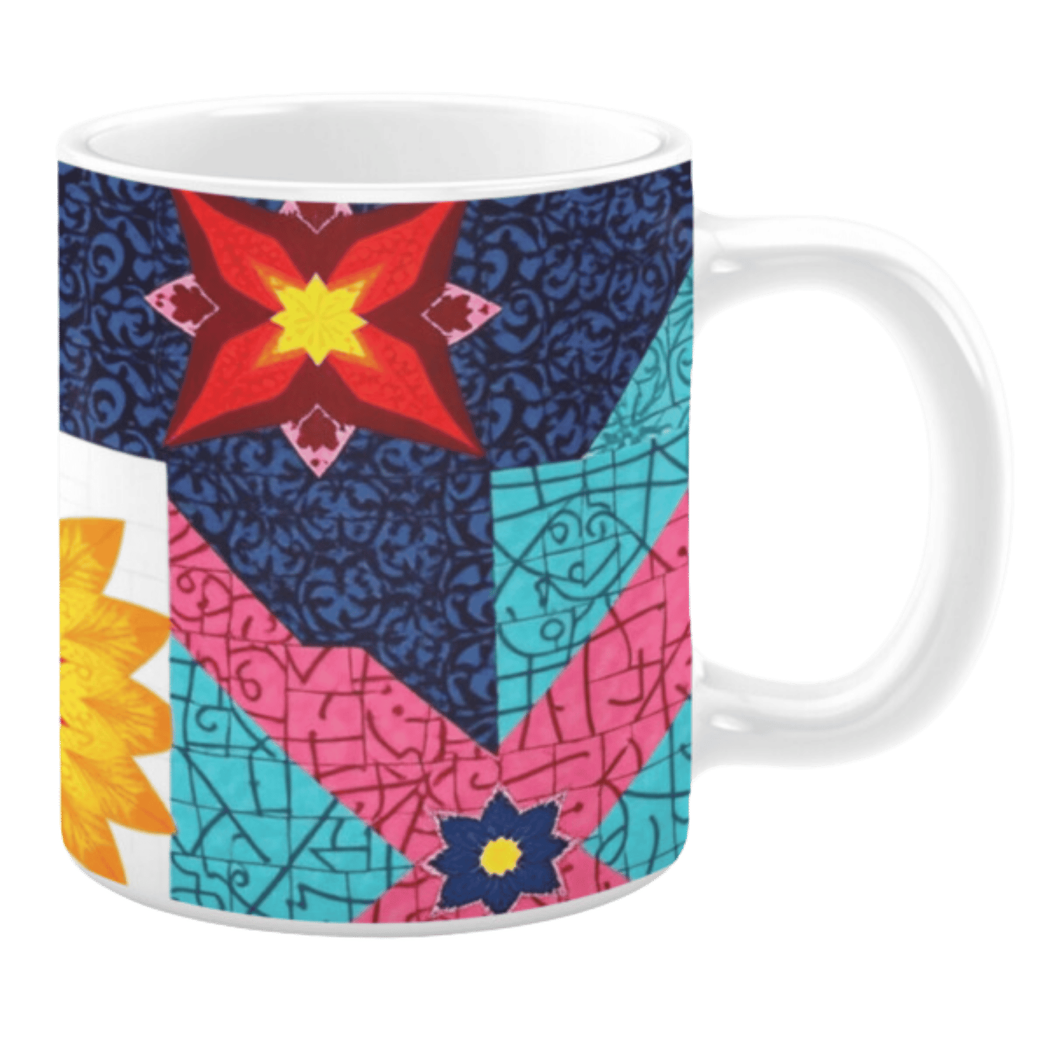 White ceramic mug featuring a bold patchwork design with vibrant floral and geometric patterns in bright shades of red, blue, pink, yellow, and turquoise, creating a dynamic and colorful aesthetic.