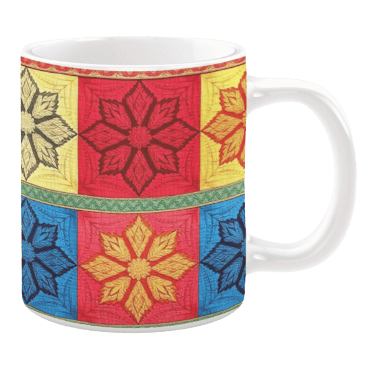 White ceramic mug featuring a colorful patchwork quilt design with intricate floral motifs in shades of red, yellow, blue, and black, framed with decorative borders, creating a bright and cheerful aesthetic.