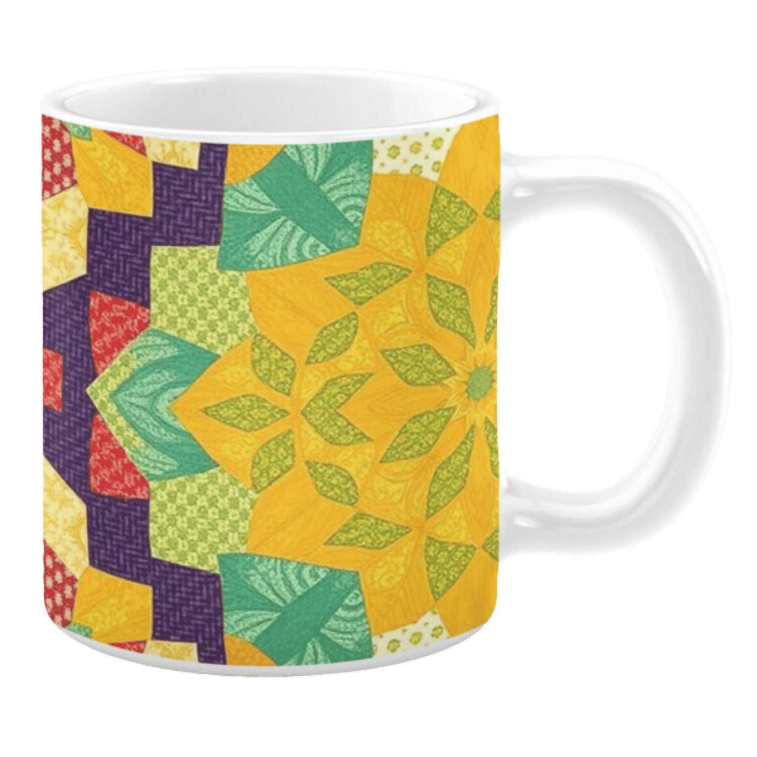 White ceramic mug featuring a vibrant, quilt-like pattern with bold geometric shapes in yellow, green, red, and purple, creating a warm and colorful design inspired by traditional patchwork.