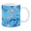White ceramic mug featuring a fluid abstract design with swirling shades of blue, light pink, and teal, creating a calming and artistic watery effect.