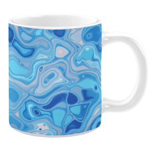 White ceramic mug featuring a fluid abstract design with swirling shades of blue, light pink, and teal, creating a calming and artistic watery effect.