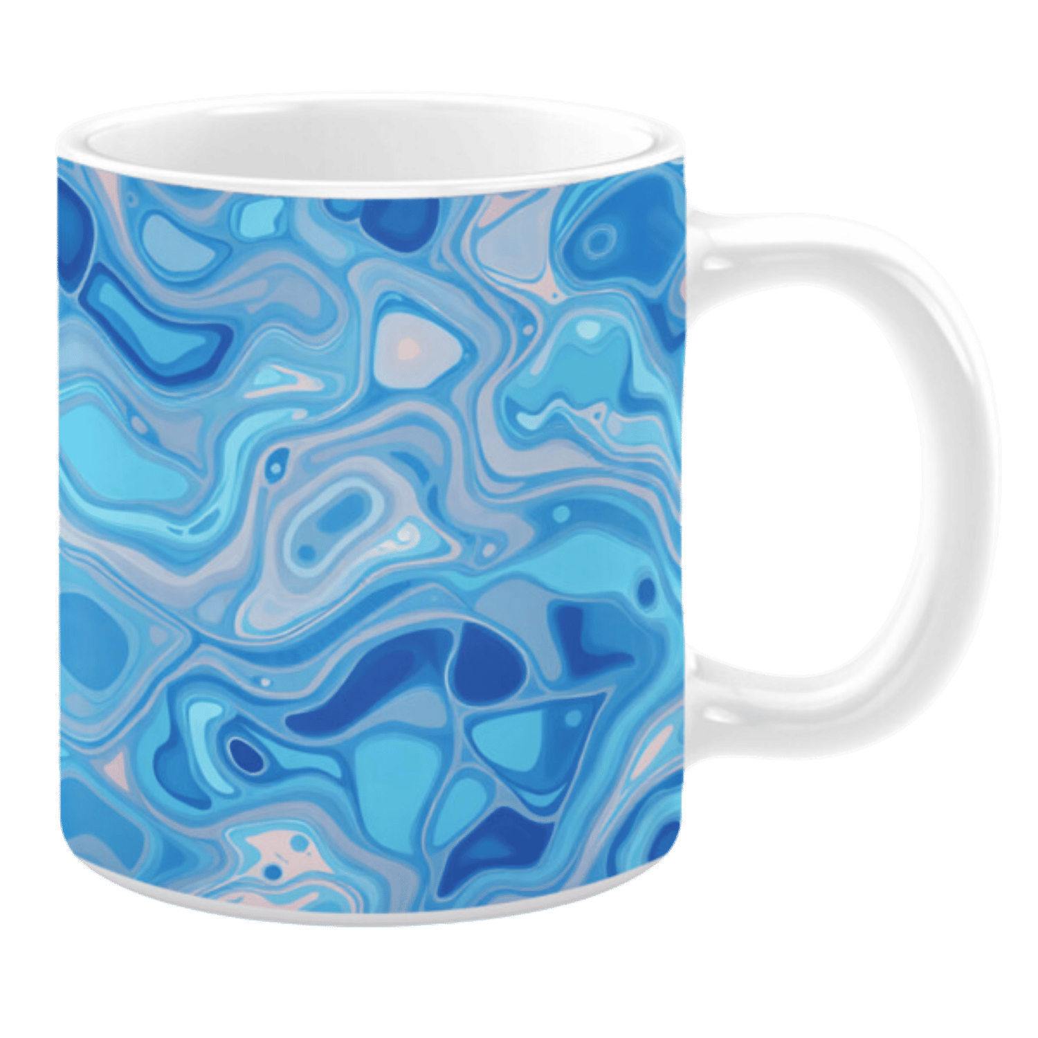 White ceramic mug featuring a fluid abstract design with swirling shades of blue, light pink, and teal, creating a calming and artistic watery effect.
