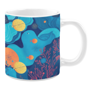 White ceramic mug featuring a serene underwater scene with abstract flowing shapes, vibrant coral in shades of pink, playful fish, and bright yellow circular accents, creating a calming and colorful oceanic design.