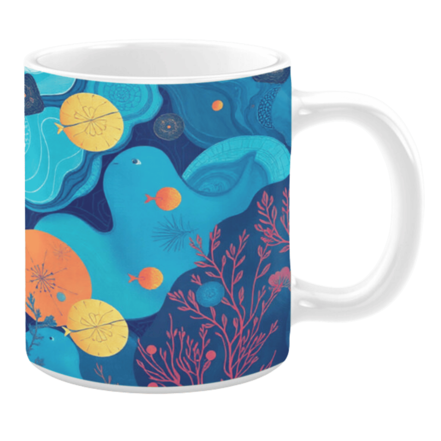 White ceramic mug featuring a serene underwater scene with abstract flowing shapes, vibrant coral in shades of pink, playful fish, and bright yellow circular accents, creating a calming and colorful oceanic design.