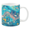 White ceramic mug featuring a whimsical underwater scene with flowing waves, colorful fish, starfish, coral, and playful bubbles, all in shades of blue, orange, and pink, creating a lively and magical oceanic design.
