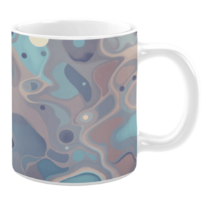 White ceramic mug featuring an abstract design of flowing, organic shapes in muted tones of blue, gray, and beige, accented with subtle highlights, creating a modern and sophisticated aesthetic.