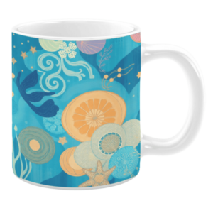 White ceramic mug featuring a whimsical underwater-inspired design with golden citrus slices, abstract sea patterns, starfish, and flowing aquatic motifs in shades of blue, teal, and yellow, creating a vibrant and artistic ocean theme.