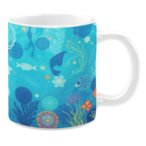White ceramic mug featuring an intricate underwater design with vibrant sea life, including a whale, fish, coral, and aquatic plants, all illustrated in shades of blue, green, and orange, creating a serene ocean-inspired aesthetic.