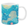 White ceramic mug featuring a soothing abstract design with flowing blue and teal shapes, accented by delicate floral patterns, snowflakes, and soft pink and yellow circles, evoking a calm and whimsical atmosphere.